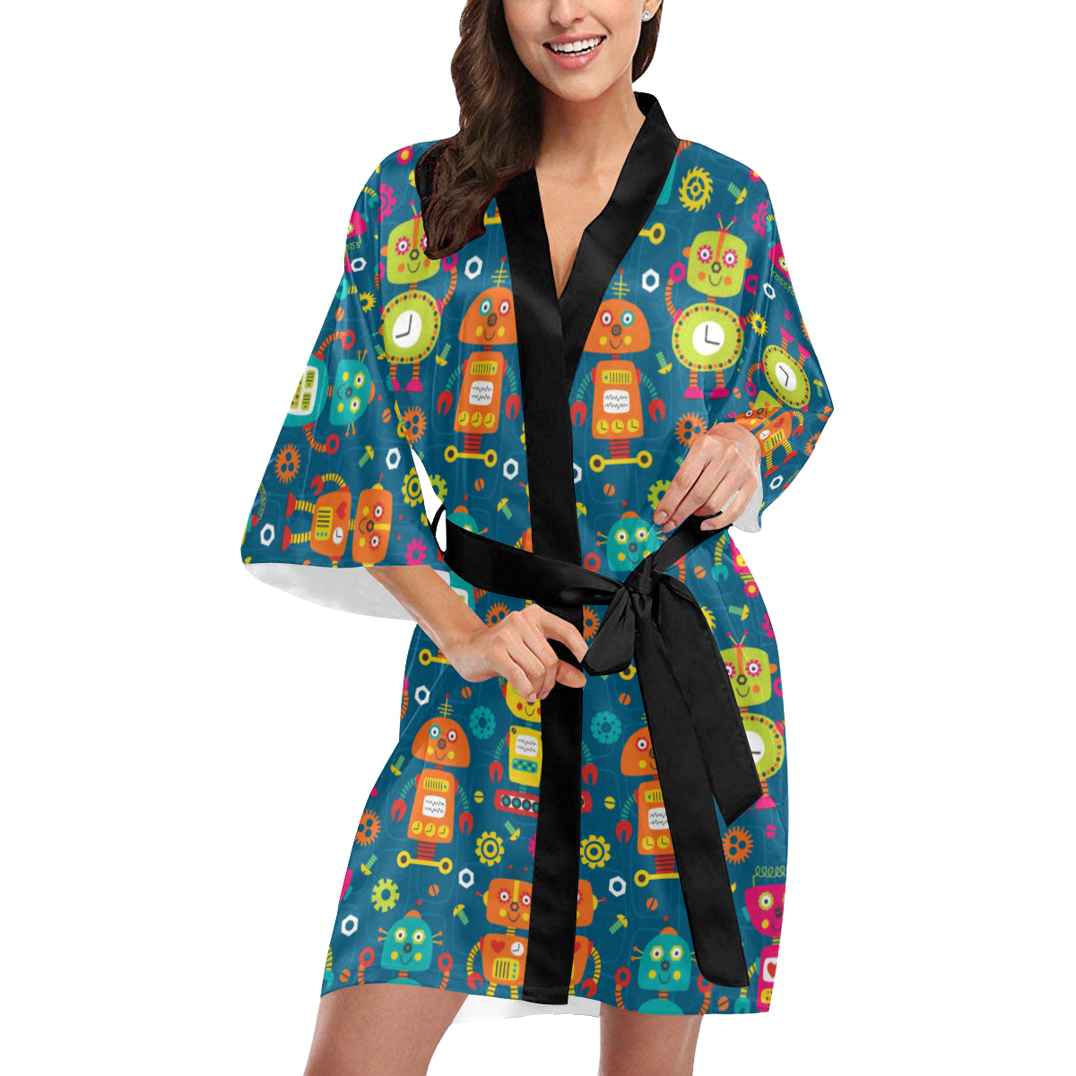 Robot Pattern Print Design A04 Women's Short Kimono