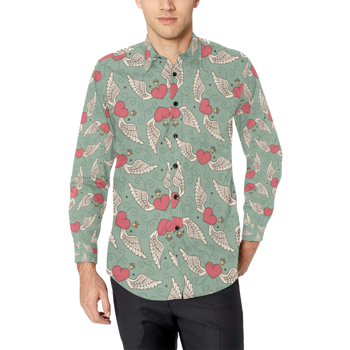 Angel Wings Heart Design Themed Print Men's Long Sleeve Shirt