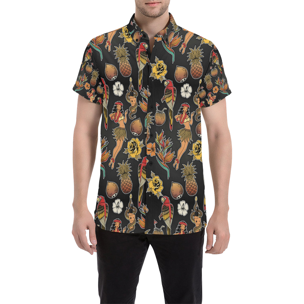 Hula Dancers Hawaiian Style Pattern Print Design 0 Men's Short Sleeve Button Up Shirt
