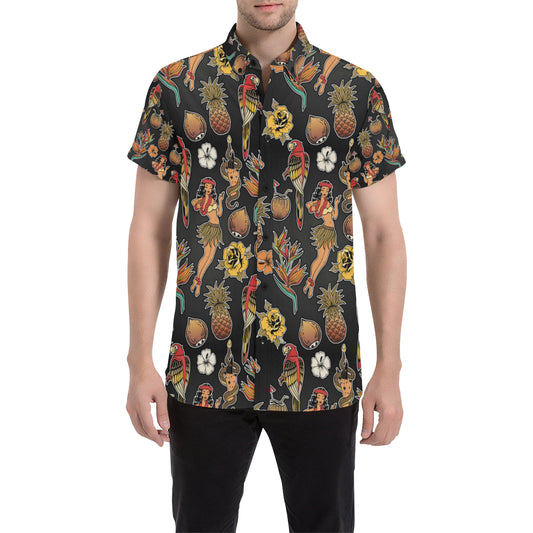 Hula Dancers Hawaiian Style Pattern Print Design 0 Men's Short Sleeve Button Up Shirt