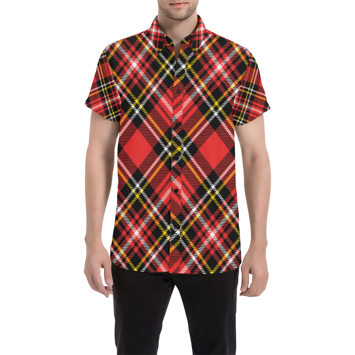 Plaid Red Pattern Print Design A03 Men's Short Sleeve Button Up Shirt