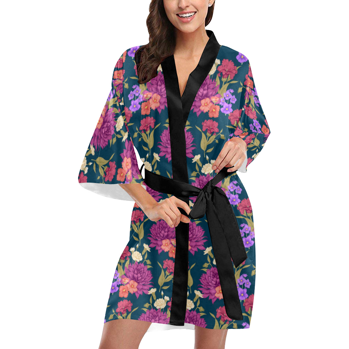 Dahlia Pattern Print Design DH01 Women's Short Kimono
