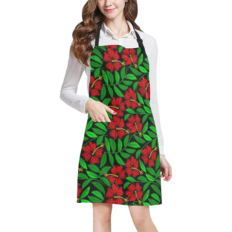 Red Hibiscus Embroidered Pattern Print Design HB03 Apron with Pocket