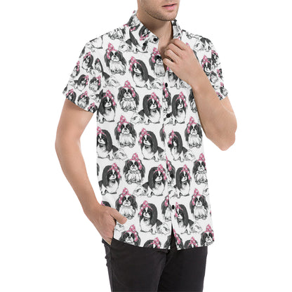 Japanese Chin Pattern Print Design 01 Men's Short Sleeve Button Up Shirt