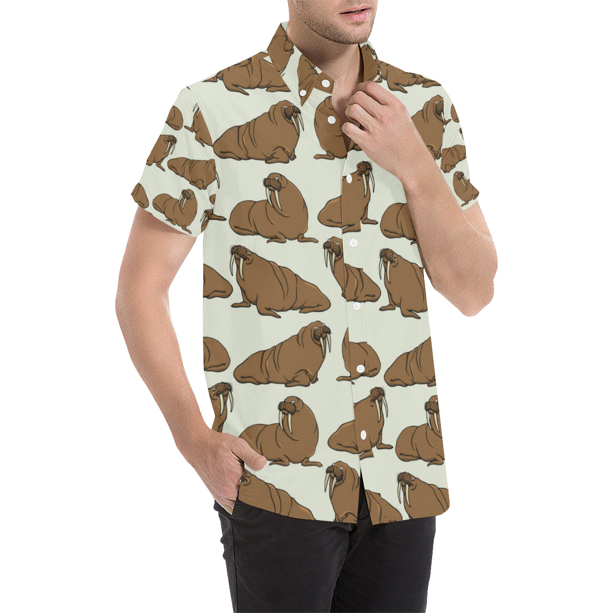 Walrus Pattern Print Design 03 Men's Short Sleeve Button Up Shirt