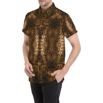 Snake Skin Brown Print Men's Short Sleeve Button Up Shirt