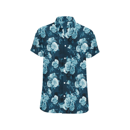 Rose Blue Pattern Print Design RO014 Men's Short Sleeve Button Up Shirt