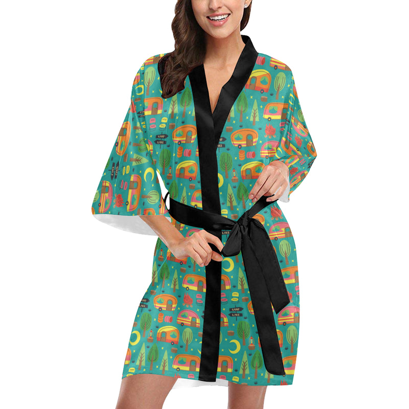 Camping Camper Pattern Print Design 05 Women's Short Kimono