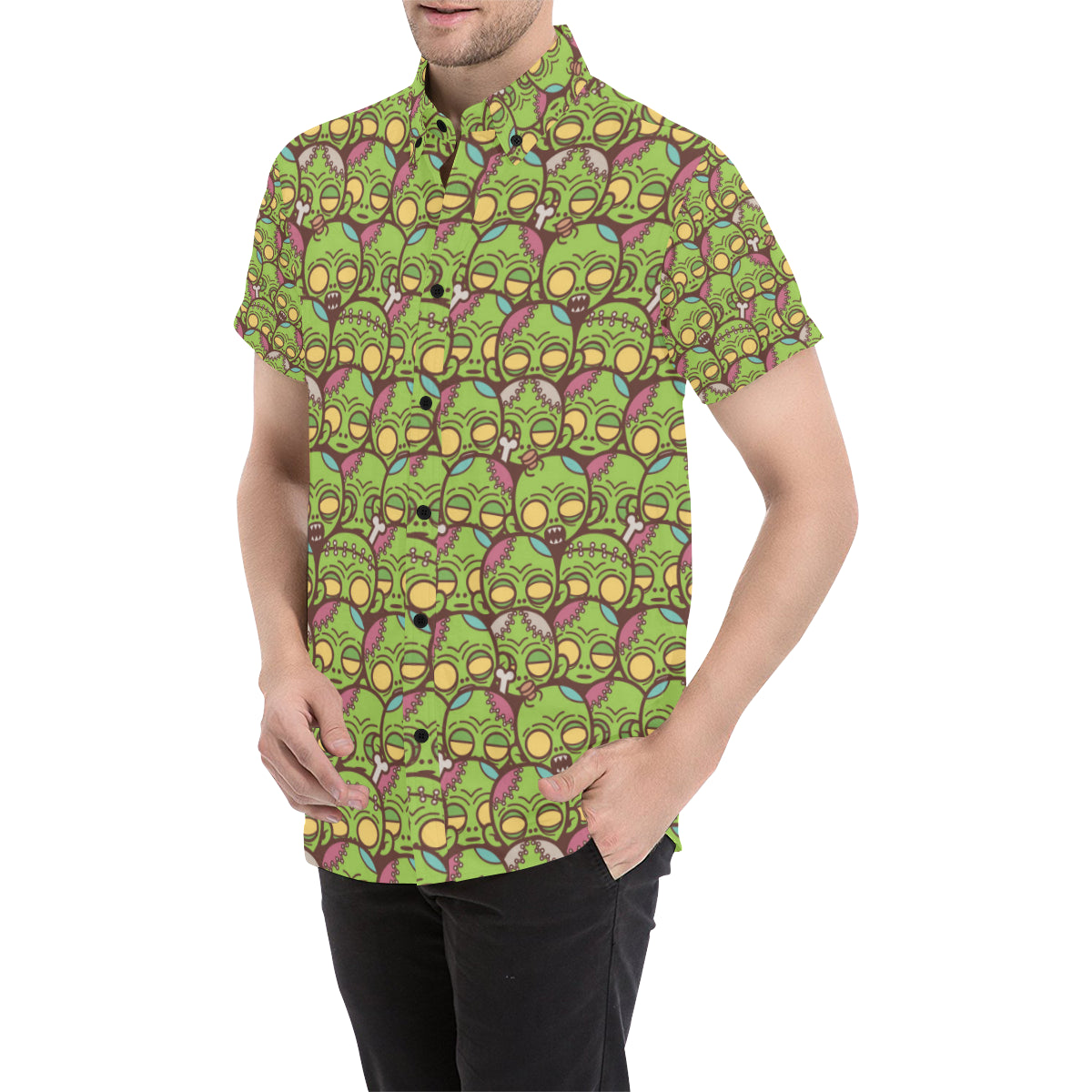 Zombie Head Design Pattern Print Men's Short Sleeve Button Up Shirt