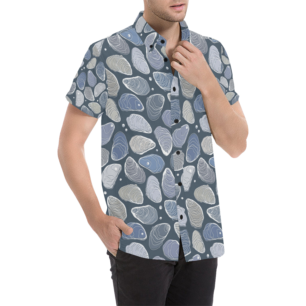 Oyster Pattern Print Design 02 Men's Short Sleeve Button Up Shirt