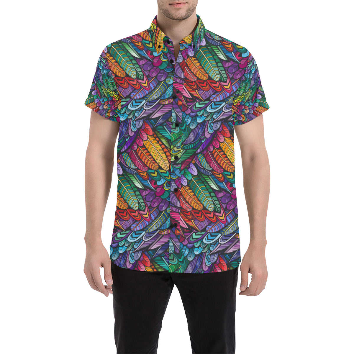 Feather Multicolor Design Print Men's Short Sleeve Button Up Shirt