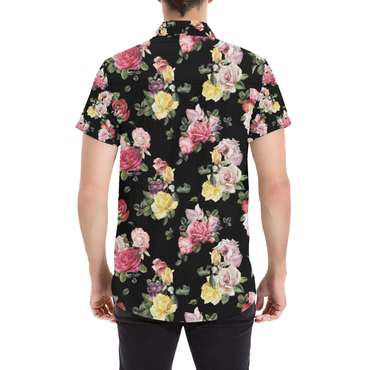 Rose Pattern Print Design RO010 Men's Short Sleeve Button Up Shirt