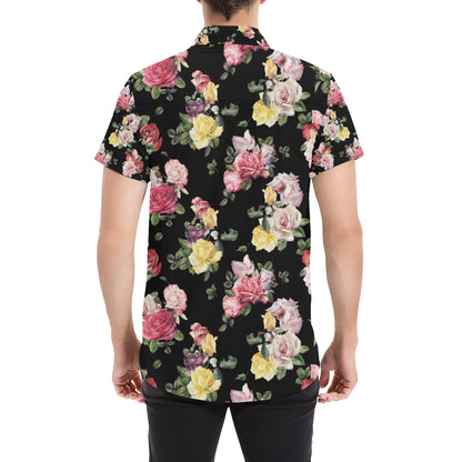 Rose Pattern Print Design RO010 Men's Short Sleeve Button Up Shirt