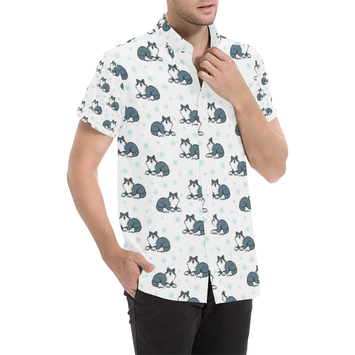 Alaskan Malamute Pattern Print Design 03 Men's Short Sleeve Button Up Shirt