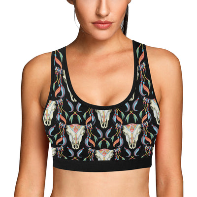 Buffalo Head Boho Style Pattern Print Design 01 Sports Bra