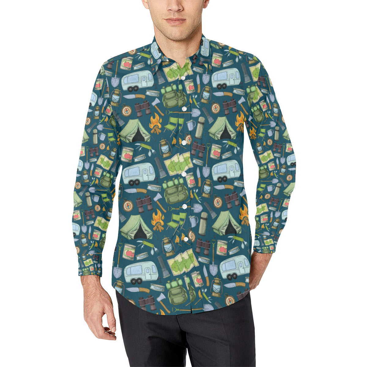 Camping Pattern Print Design 02 Men's Long Sleeve Shirt