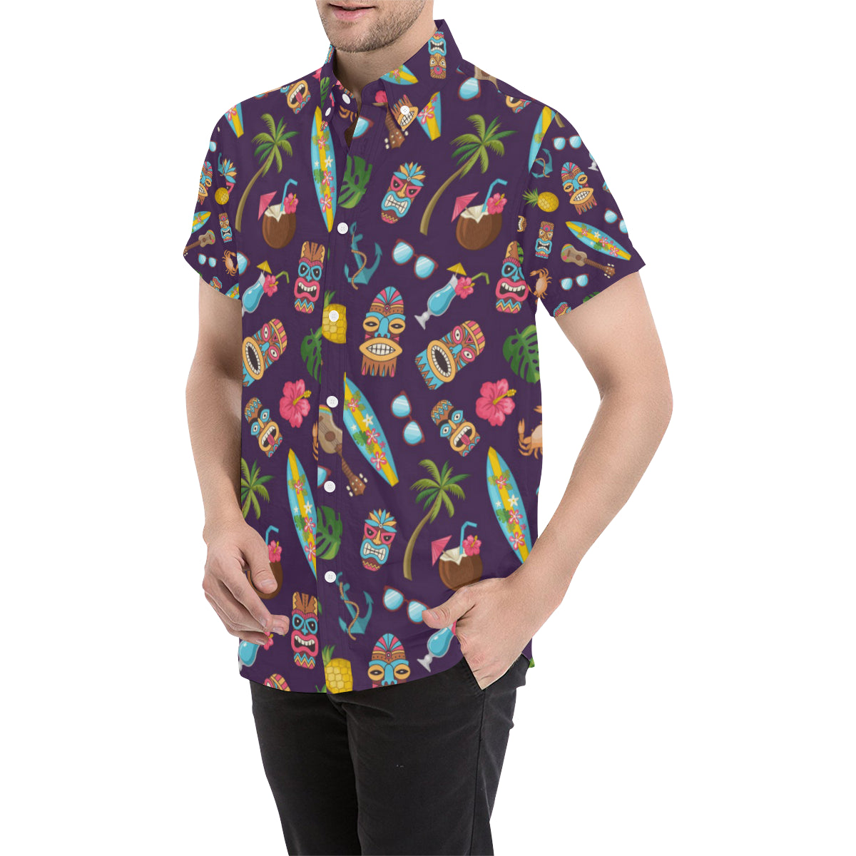 Hawaiian Themed Pattern Print Design H024 Men's Short Sleeve Button Up Shirt