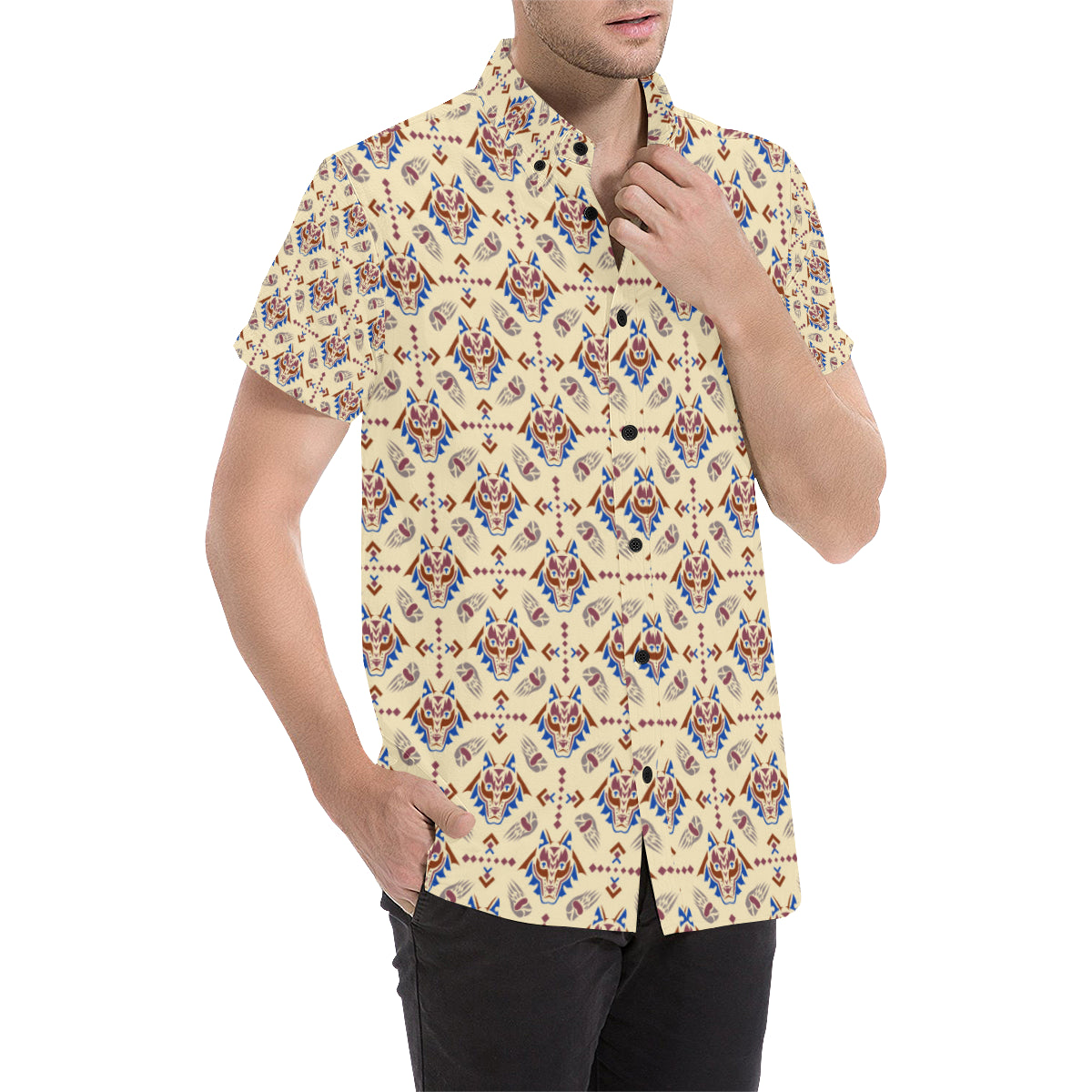 Aztec Wolf Pattern Print Design 03 Men's Short Sleeve Button Up Shirt