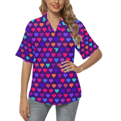 Heart Pixel Pattern Print Design HE03 Women's Hawaiian Shirt