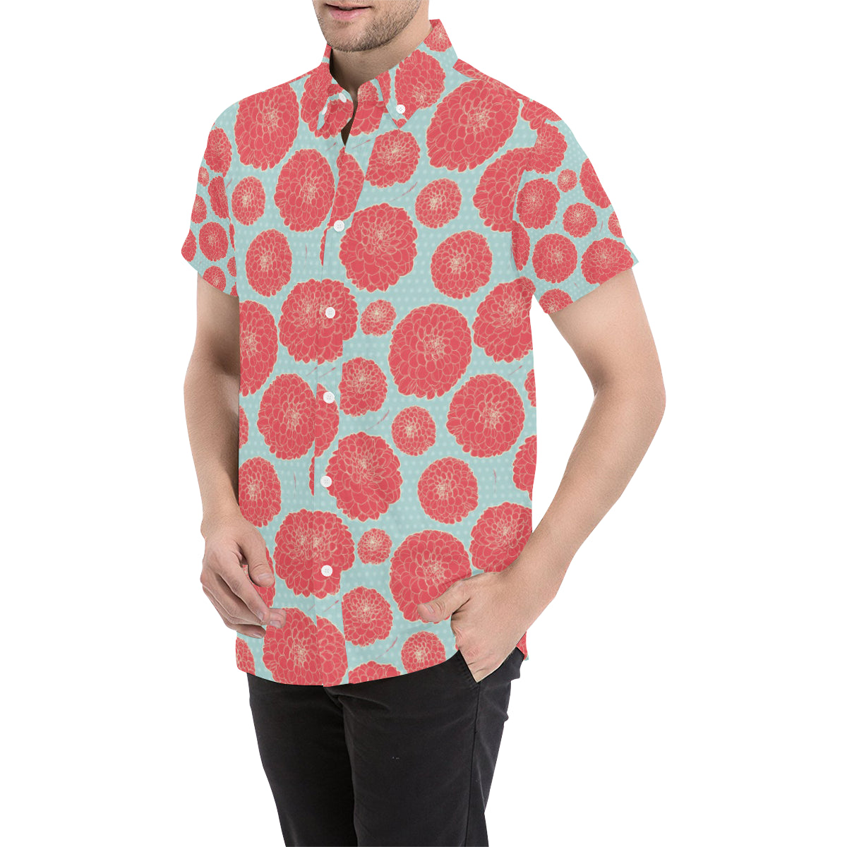 Marigold Pattern Print Design MR03 Men's Short Sleeve Button Up Shirt