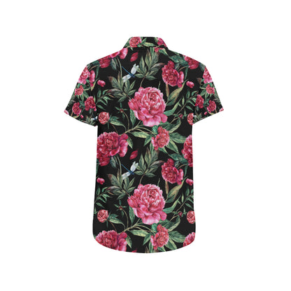 Peony Pattern Print Design PE04 Men's Short Sleeve Button Up Shirt