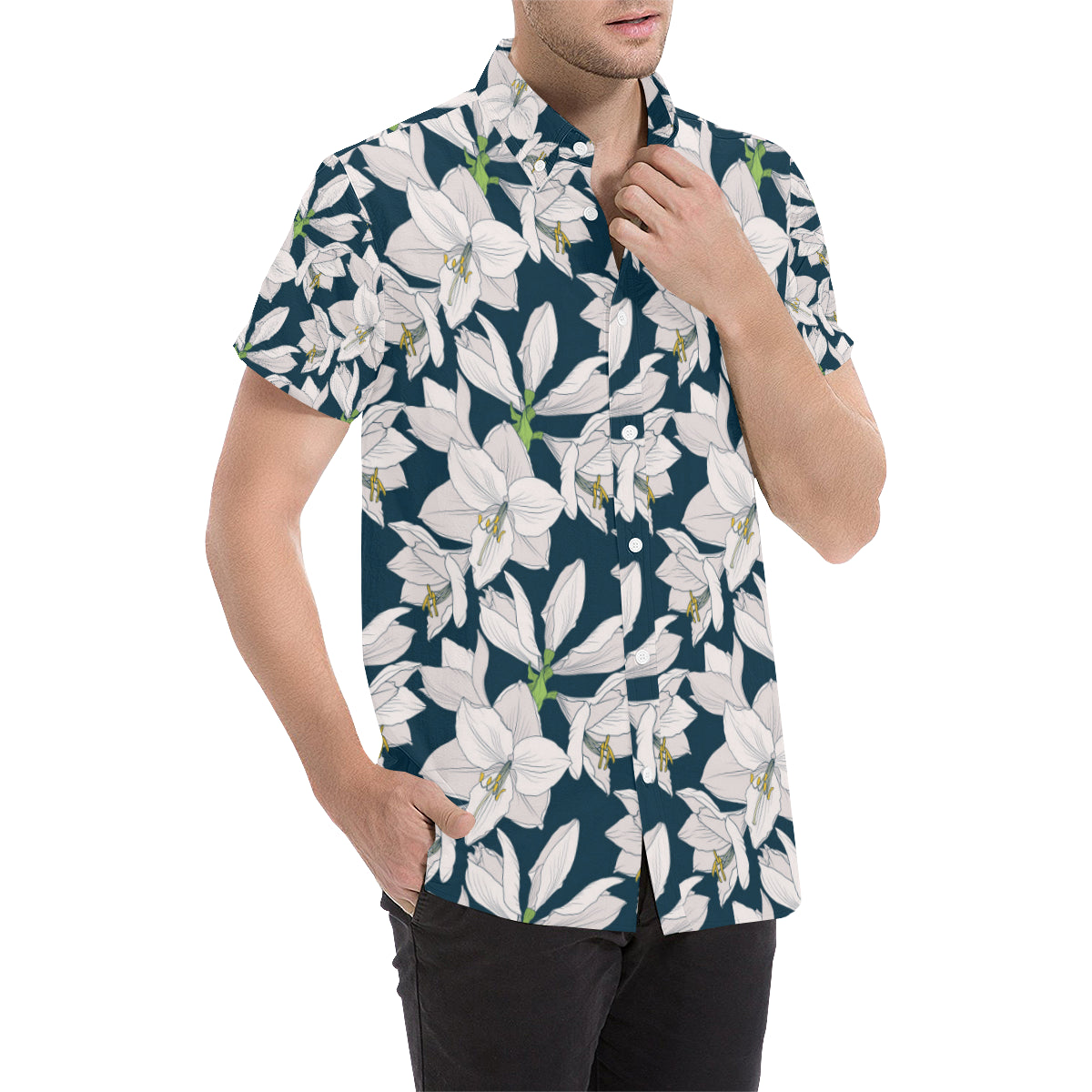 Amaryllis Pattern Print Design 01 Men's Short Sleeve Button Up Shirt