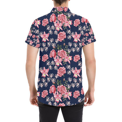 Rose Pattern Print Design A05 Men's Short Sleeve Button Up Shirt