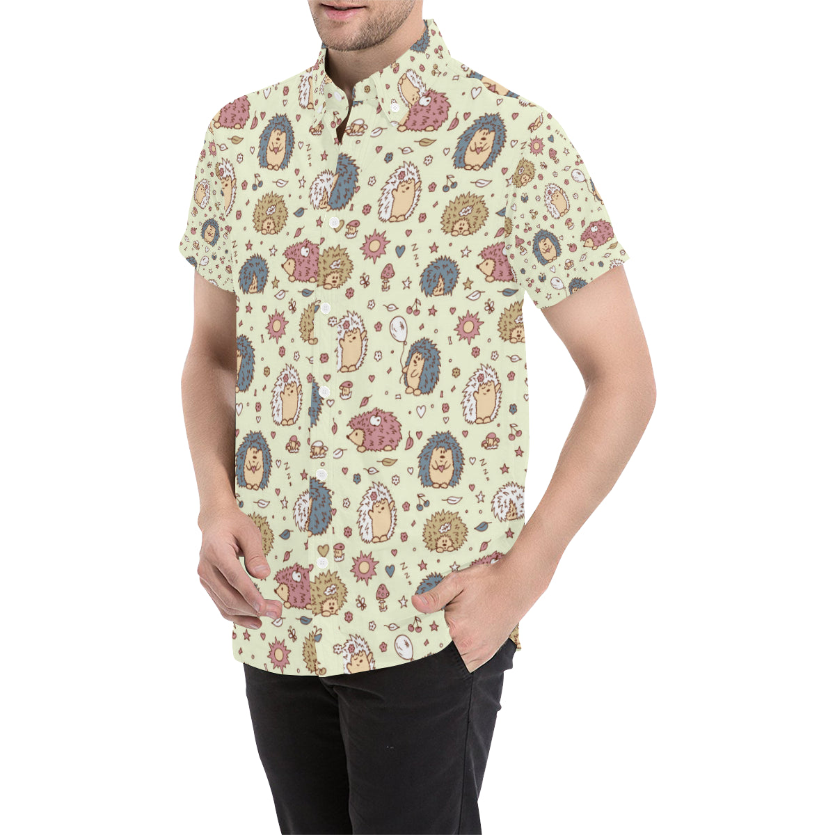 Hedgehog Cute Pattern Print Design 01 Men's Short Sleeve Button Up Shirt