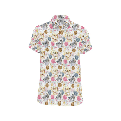Cat Playing Yarn Pattern Print Design 07 Men's Short Sleeve Button Up Shirt