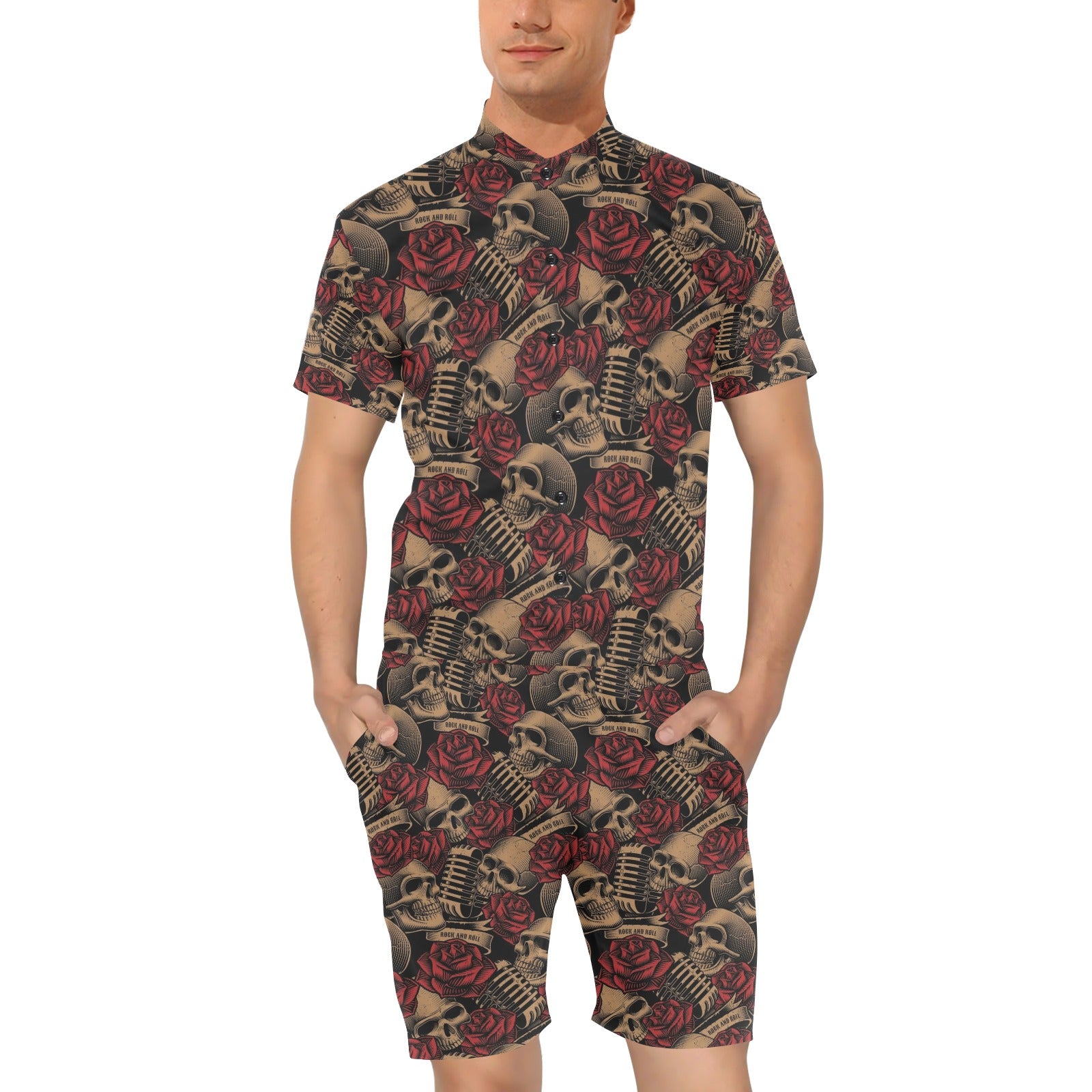 Microphone Skull Rose Pattern Print Design 02 Men's Romper