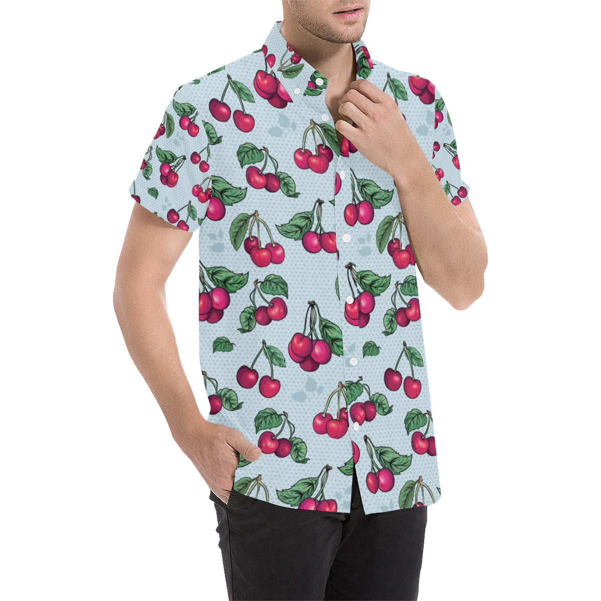 Cherry Pattern Print Design CH01 Men's Short Sleeve Button Up Shirt