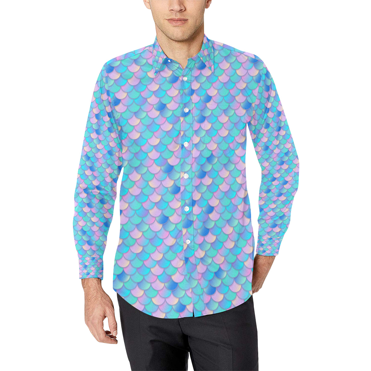Mermaid Scales Pastel Pattern Print Design 07 Men's Long Sleeve Shirt