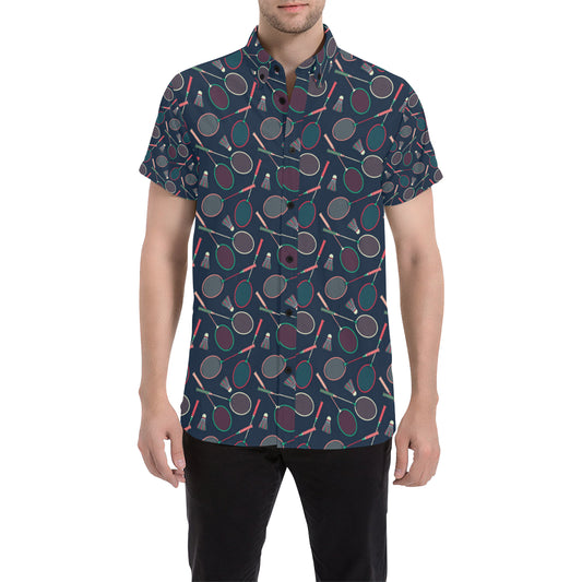 Badminton Pattern Print Design 03 Men's Short Sleeve Button Up Shirt
