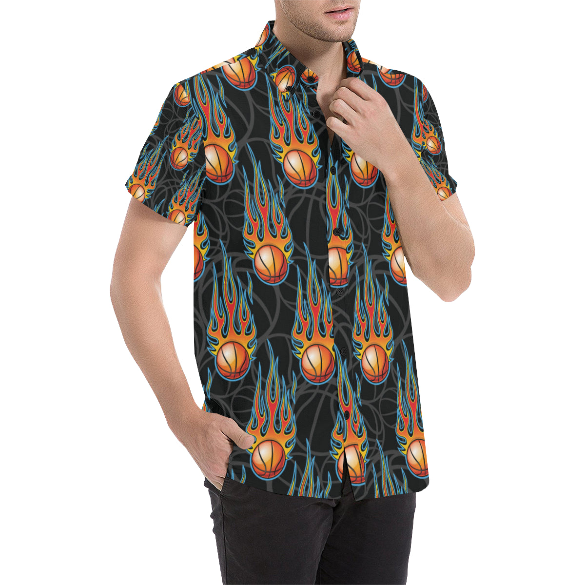 Basketball Fire Print Pattern Men's Short Sleeve Button Up Shirt