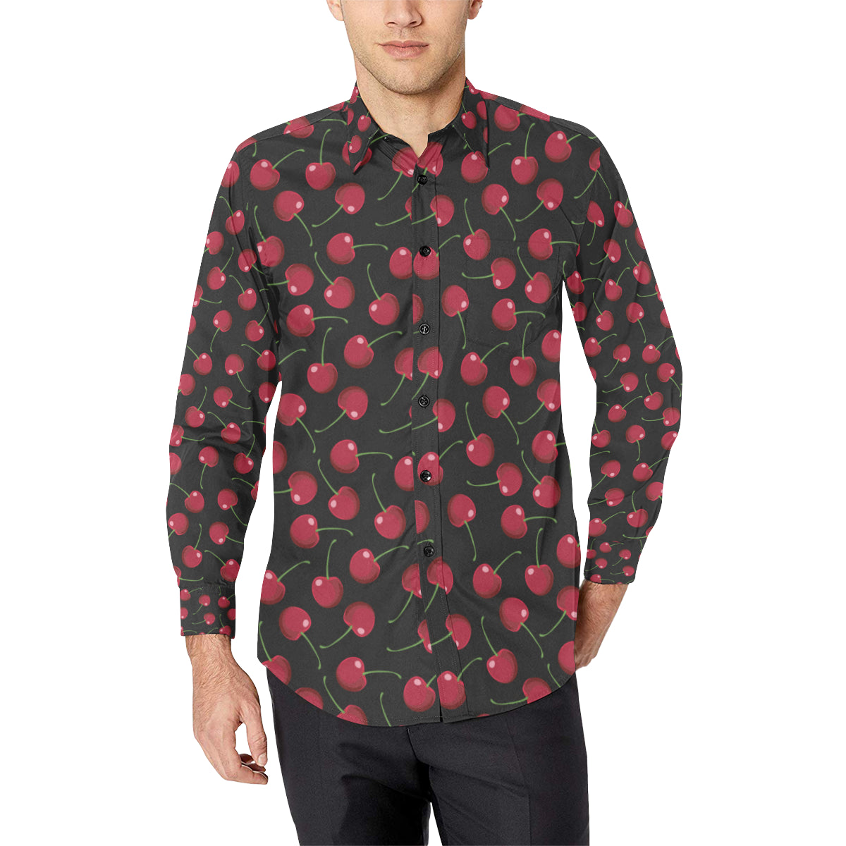 Cherry Black Background Men's Long Sleeve Shirt
