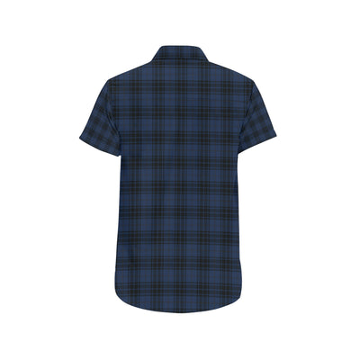 Navy Blue Tartan Plaid Pattern Men's Short Sleeve Button Up Shirt