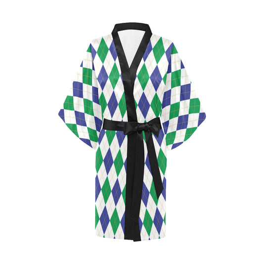 Argyle Green Blue Pattern Print Design 03 Women's Short Kimono