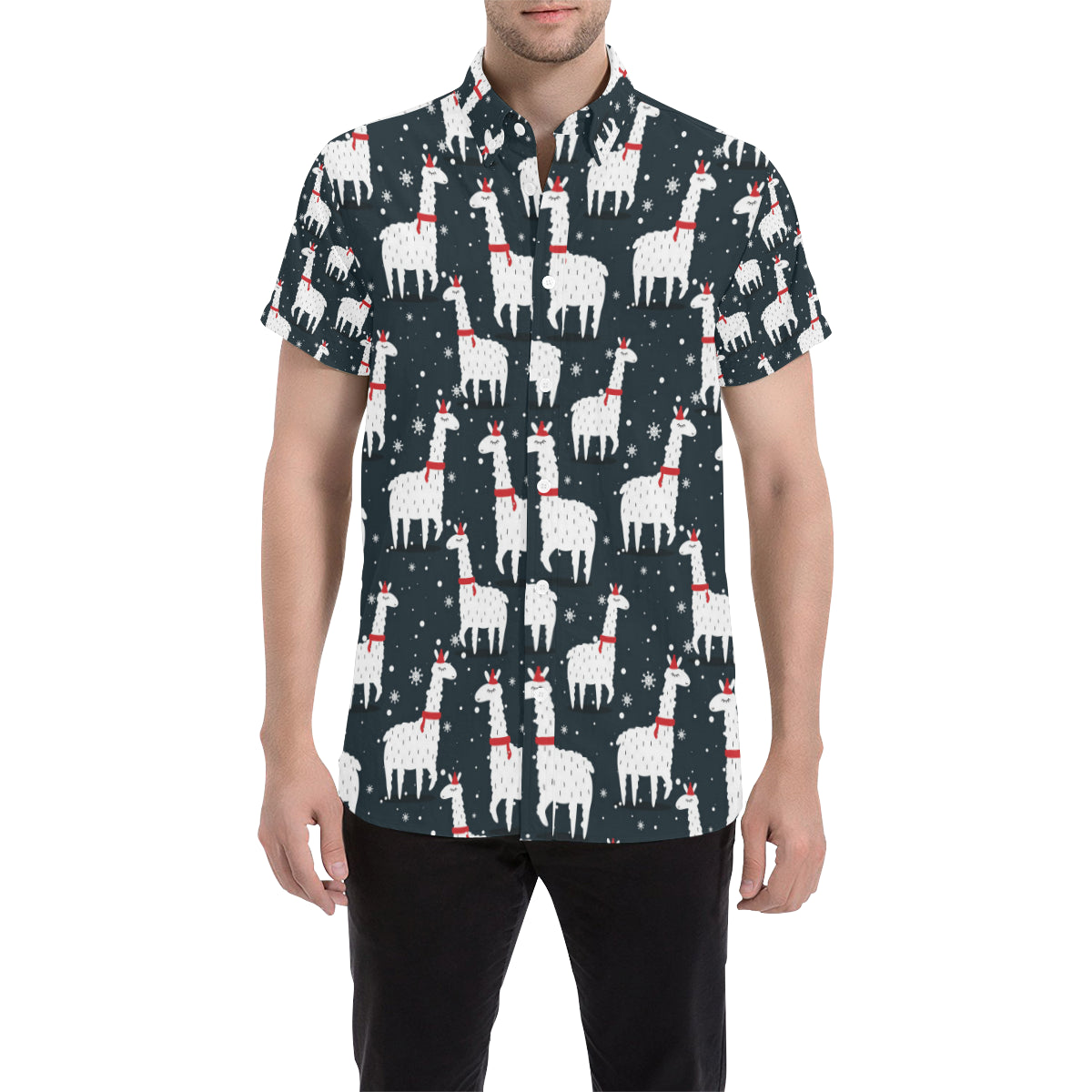 Alpaca Pattern Print Design 04 Men's Short Sleeve Button Up Shirt