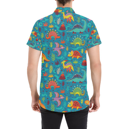 Dinosaur Cartoon Style Men's Short Sleeve Button Up Shirt