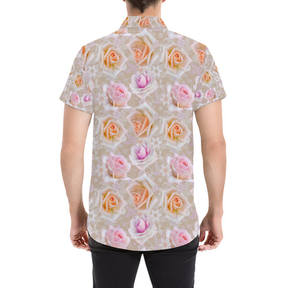 Rose Pattern Print Design RO011 Men's Short Sleeve Button Up Shirt