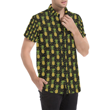 Pineapple Gold Dot Themed Print Men's Short Sleeve Button Up Shirt