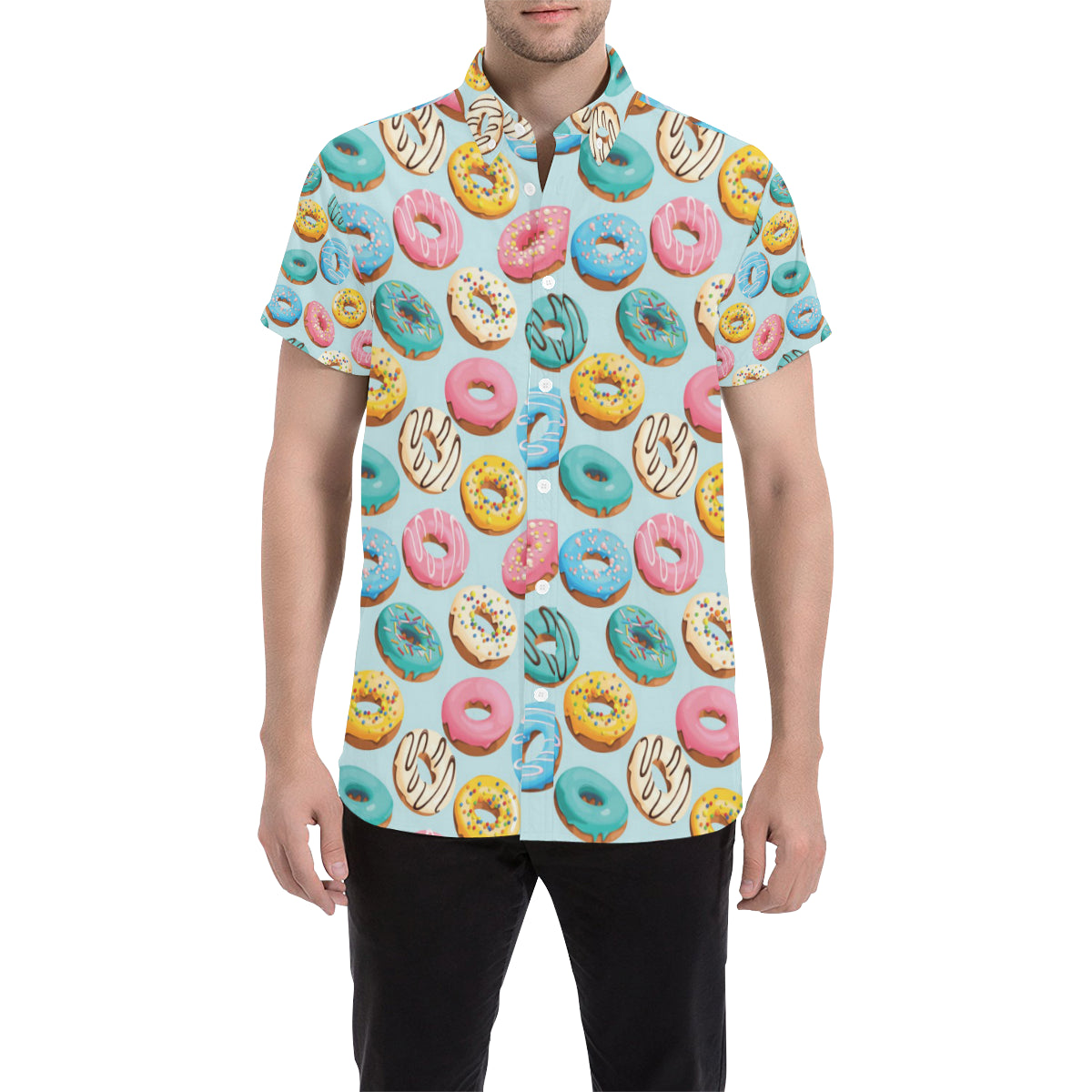 Donut Pattern Print Design DN05 Men's Short Sleeve Button Up Shirt