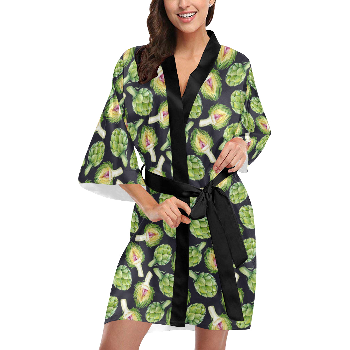Artichoke Pattern Print Design 01 Women's Short Kimono