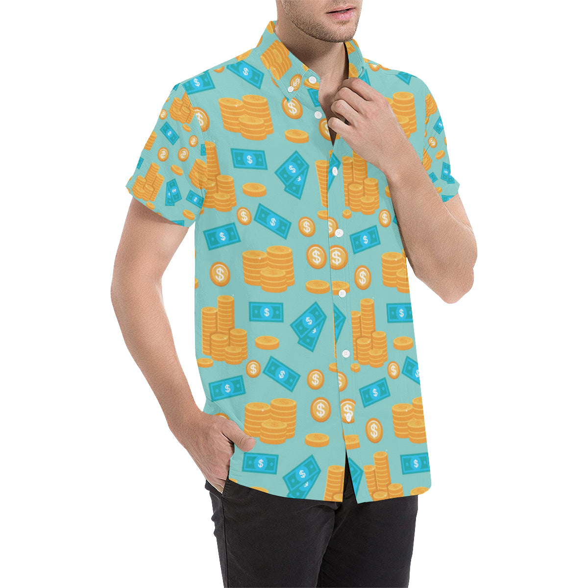 Money Pattern Print Design 03 Men's Short Sleeve Button Up Shirt