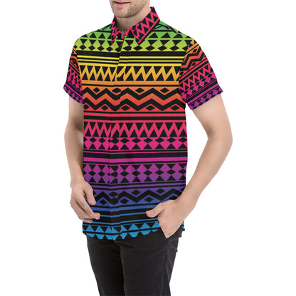 Rainbow Tribal Pattern Print Design A02 Men's Short Sleeve Button Up Shirt