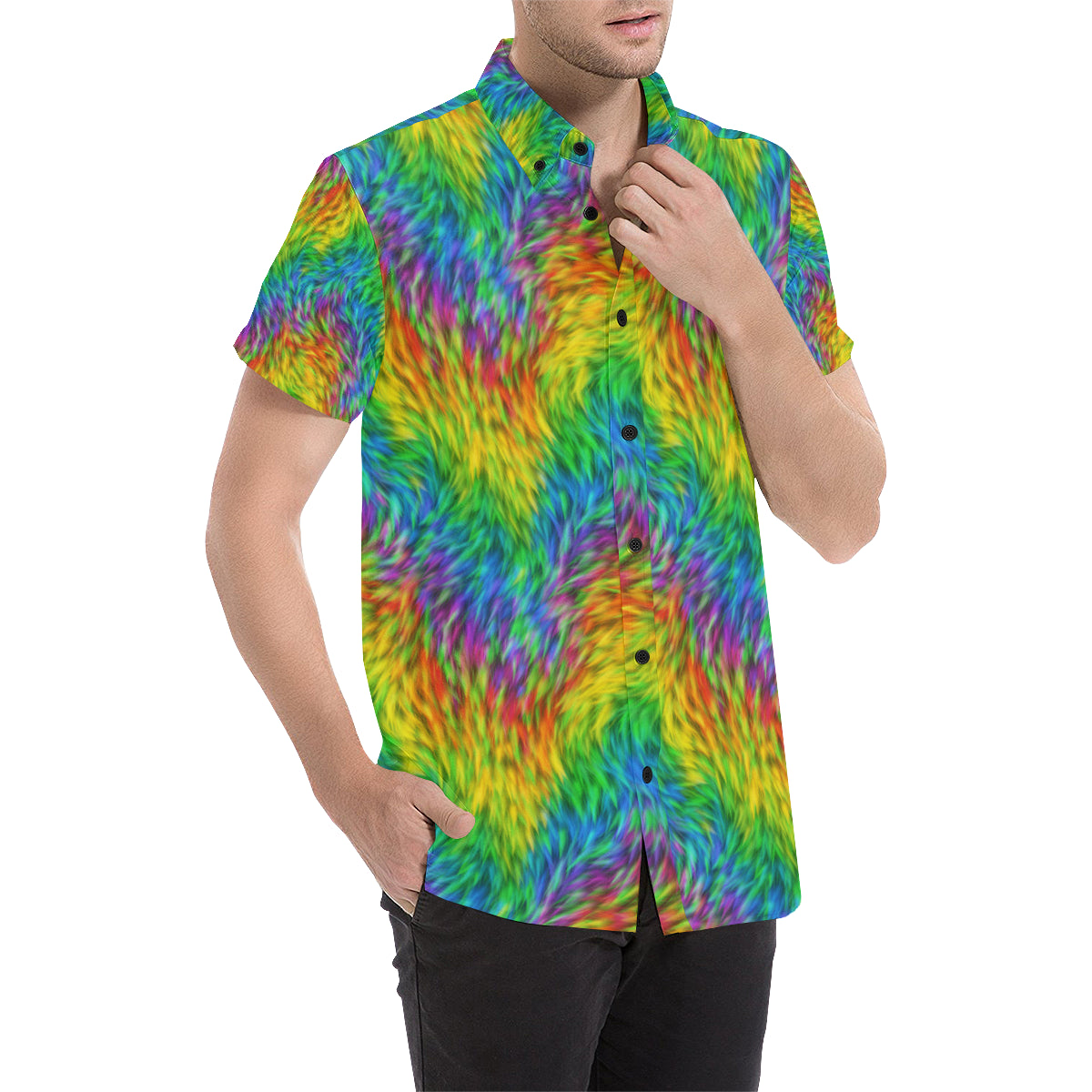 Rainbow Fur Design Print Men's Short Sleeve Button Up Shirt