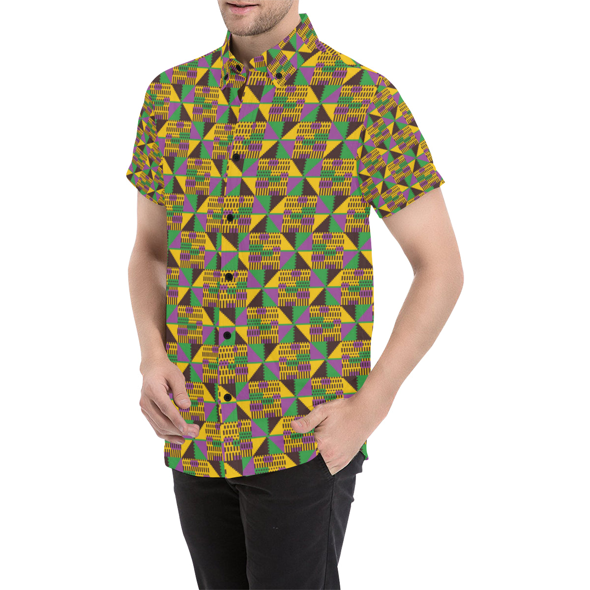 Kente Triangle Design African Print Men's Short Sleeve Button Up Shirt