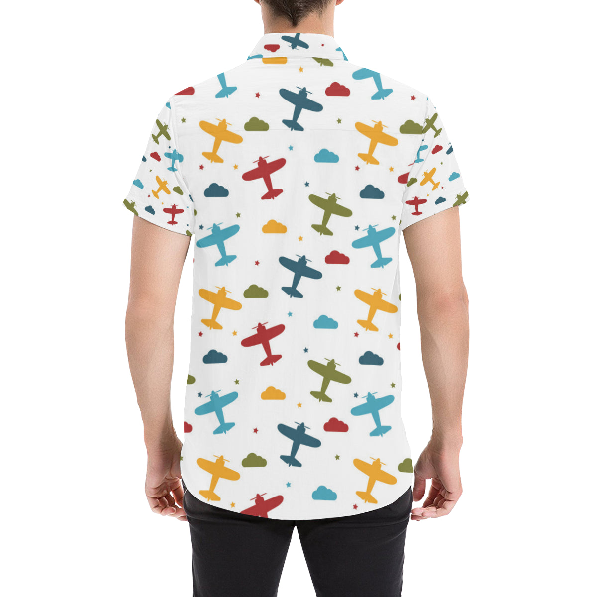 Airplane Pattern Print Design 06 Men's Short Sleeve Button Up Shirt