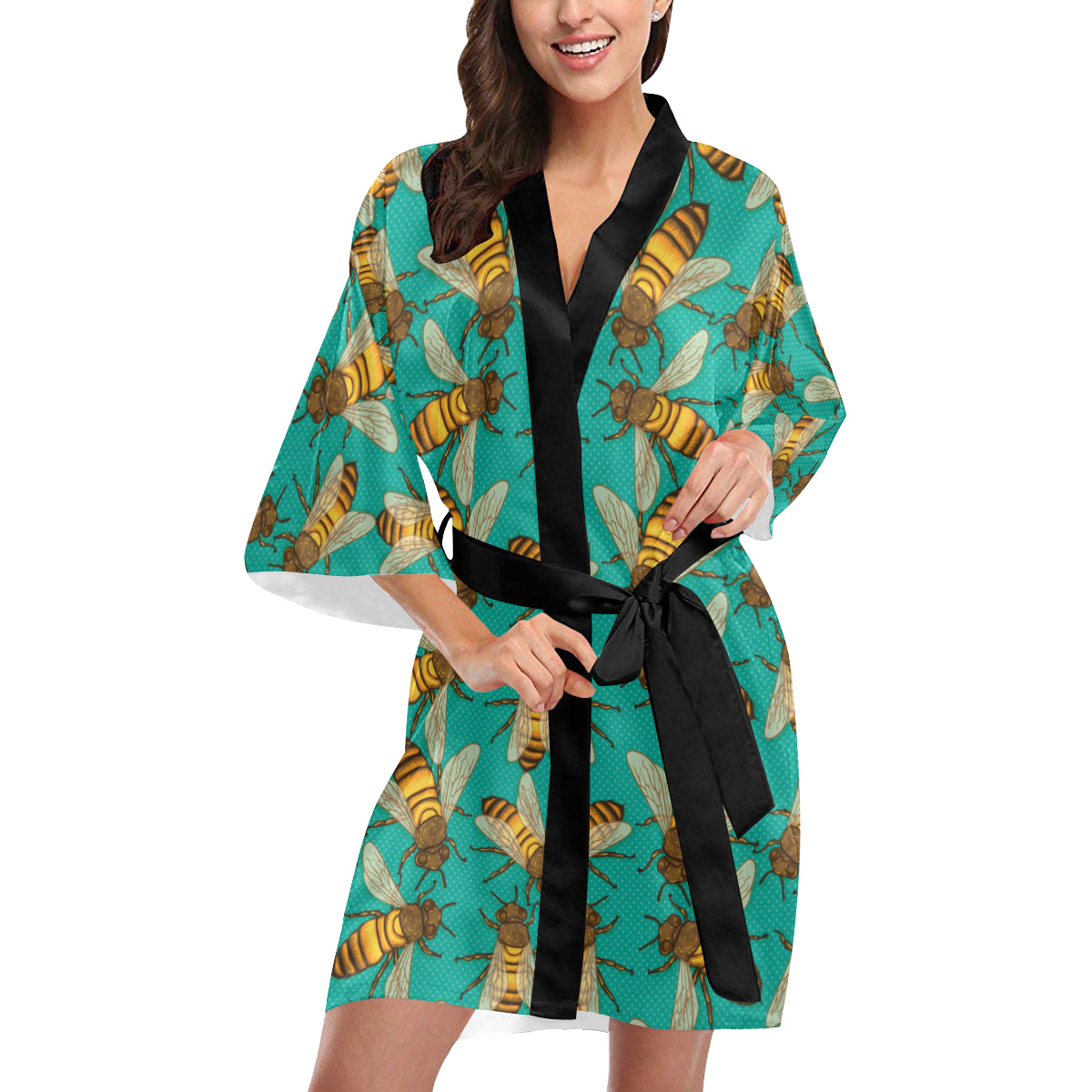 Bee Pattern Print Design BEE04 Women's Short Kimono