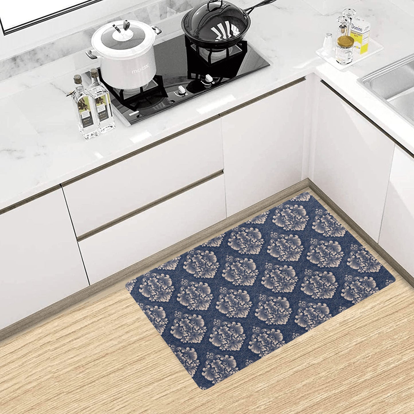 Damask Blue Luxury Print Pattern Kitchen Mat